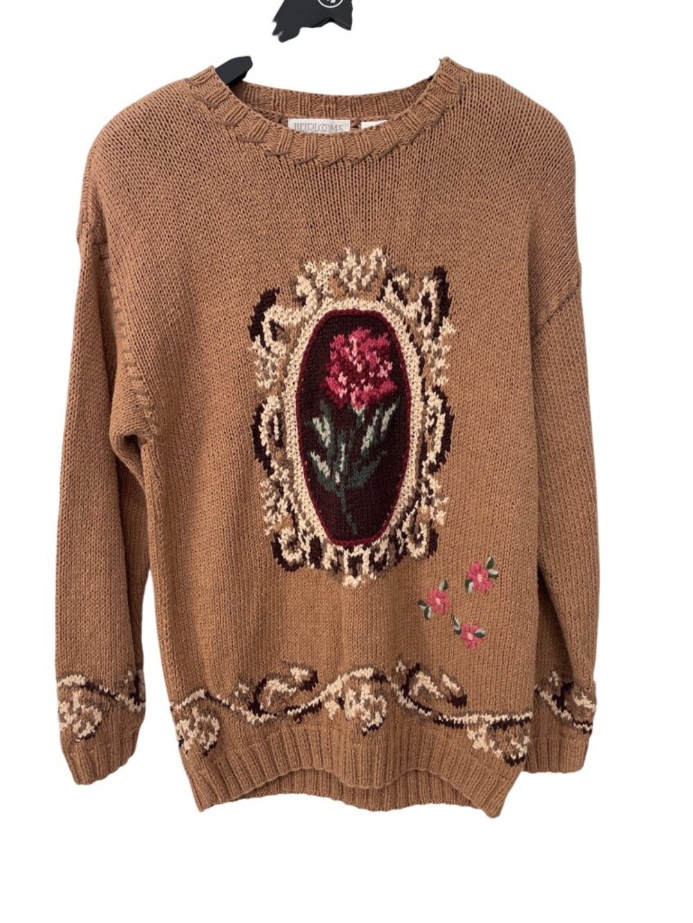 Heirlooms Sweater Small Floral Crewneck Long Sleeve Pullover Brown Knitwear NEW